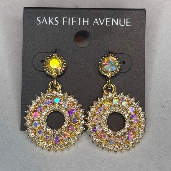 Saks Fifth Ave AB Crystal Post With Drop Hoop AB Crystal Earrings - Picture 2 of 9